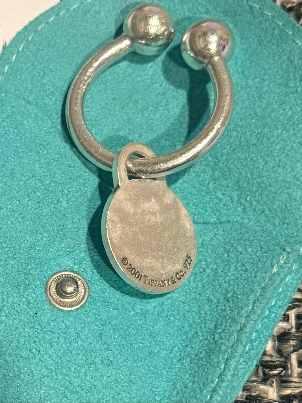 Tiffany & Co. Silver Tag Keyring with Turquoise Pouch